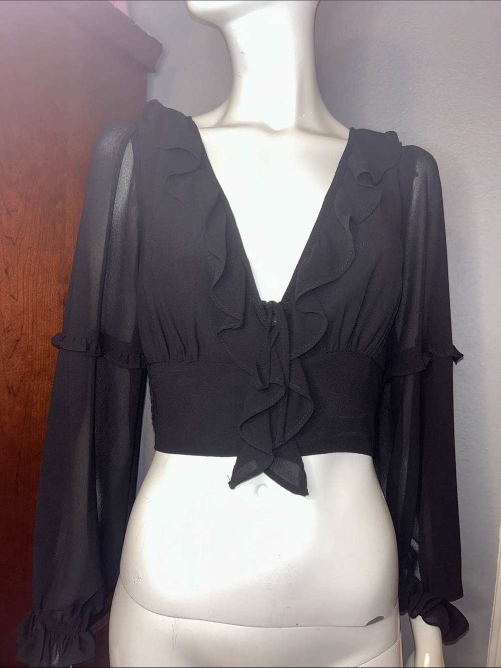Womens Black Ruffle Tie-Front Blouse